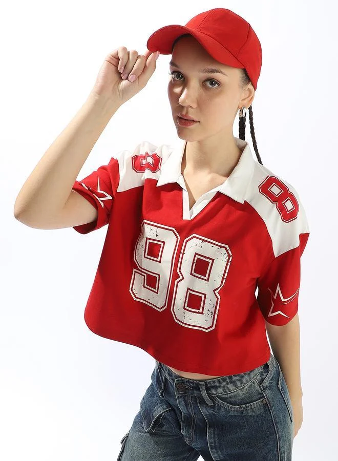 Hubberholme Women's Red 100% Cotton Printed Polo Boxy Fit T-Shirt